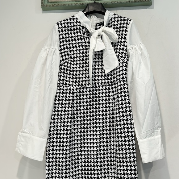 SHEIN Modely Tie Neck Bishop Sleeve Houndstooth 2 In 1 Dress office medium - Picture 5 of 8